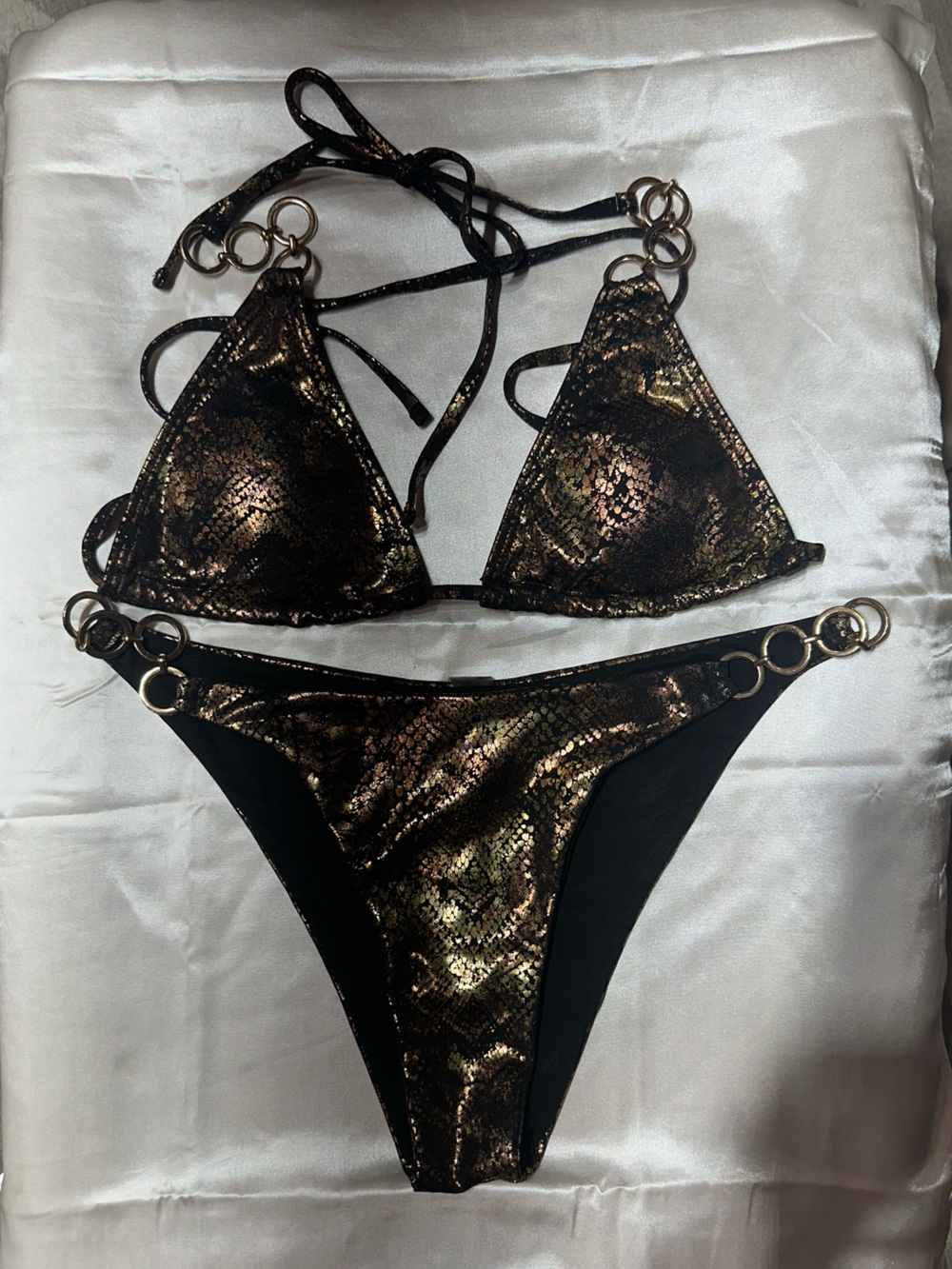 SHEIN Black and Gold Metallic Snake Print Triangle Bikini